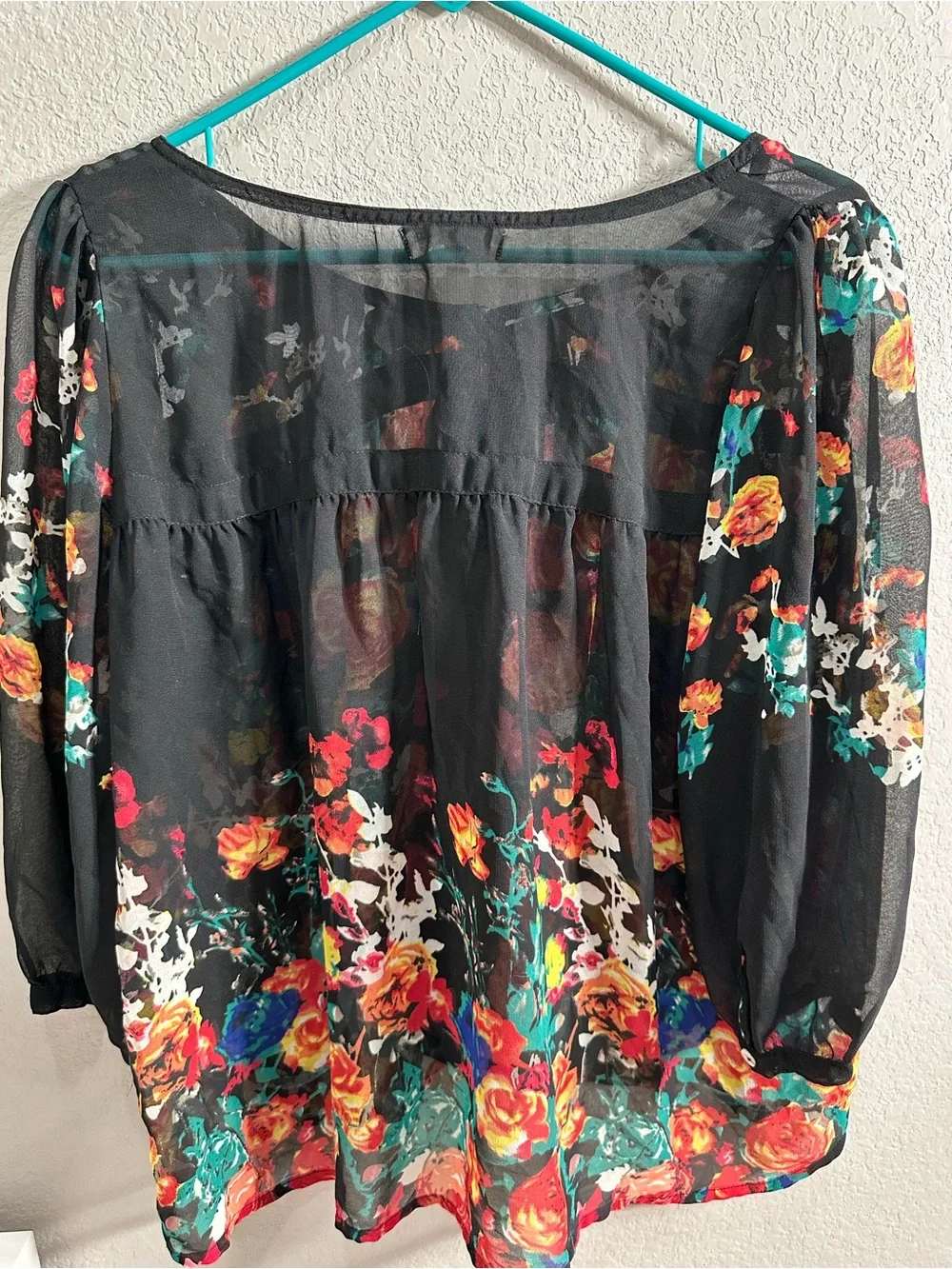 World Market Black Floral Sheer Peasant Blouse Size S/M Boho Cottagecore‎
